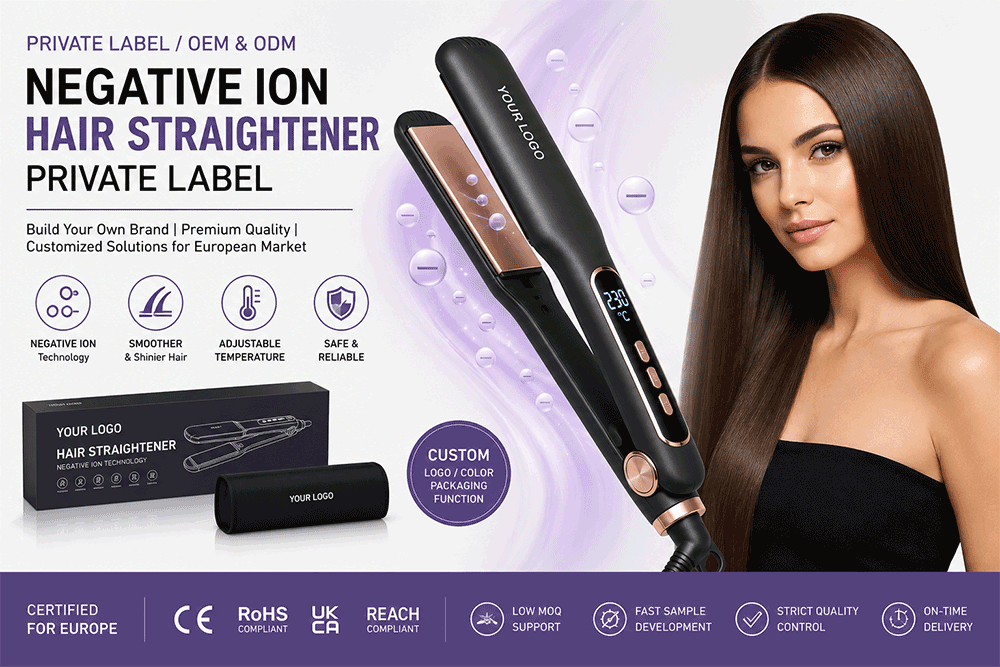 The European beauty appliance market maintains steady year-on-year growth, driven by rising consumer demand for safe, salon-grade, and hair-friendly styling tools. Across Germany, France, Italy, Spain, Poland, and the Netherlands, modern shoppers no longer prioritize low-cost basic hair straighteners. Instead, they gravitate toward intelligent, damage-minimizing styling devices, with negative ion hair straighteners standing out as a top-selling category. Equipped with advanced ion care technology, these straighteners effectively eliminate static hair, reduce persistent frizz, lock in natural hair moisture, and deliver smooth, glossy styling results with minimal heat damage. For European brand owners, Amazon FBA sellers, salon chains, and regional distributors, launching a unique product line via Negative Ion Hair Straightener Private Label cooperation is the most efficient and cost-effective way to capture the high-growth European beauty appliance market. Our flexible OEM and ODM manufacturing solutions help you skip lengthy R&D and factory investment, bringing customized branded products to local markets in the shortest cycle. Why Negative Ion Hair Straighteners Dominate the European Market European consumers have distinct and rigorous purchasing standards for personal care appliances. Beyond basic styling performance, they pay extra attention to hair protection, product safety, energy efficiency, and sustainable design — core advantages that make negative ion hair straighteners widely popular across the region. Unlike traditional straighteners that cause dryness and split ends due to single high-temperature heating, negative ion models release high-concentration negative ions during operation. This neutralizes static electricity generated by heat friction, seals hair cuticles, and keeps hair hydrated long after styling. This user-centric functionality perfectly matches the daily styling needs of European household users and the professional service standards of local hair salons. Key market-competitive benefits for European end-users: •	Eliminates static and fluffy hair common in dry European climates •	Reduces heat-induced hair damage and split ends •	Locks in hair moisture for long-lasting smooth and shiny results •	Cuts down styling time with fast, even heating •	Compatible with all hair types, from fine thin hair to thick curly hair •	Dual usability for professional salons and daily home styling Understanding Private Label Manufacturing for Negative Ion Hair Straighteners Private label manufacturing is a mature and mainstream cooperation model in the European beauty supply chain. For brand operators without independent production capabilities, we take charge of full-process product development, production, and quality control, while you market and sell finished products under your exclusive brand logo. This model completely avoids the high costs and long cycles of independent factory construction, mold development, and technical research. We support all-round personalized customization covering product appearance, core parameters, brand presentation, and packaging solutions, helping you build differentiated products and avoid homogeneous price competition in the European market. Our customizable items cover all market-ready details for European sales: •	Exclusive brand logo processing: laser engraving and silk printing •	Custom product colors, housing materials, and surface textures •	Adjustable temperature parameters and heating plate specifications •	EU-standard safety plugs adaptable to various European countries •	Multilingual user manuals compliant with local market regulations •	Custom retail gift boxes, outer packaging, and supporting accessories Custom OEM & ODM Solutions Tailored for European Brands With years of dedicated experience serving European beauty appliance buyers, we offer one-stop OEM and ODM customized solutions. Whether you need standard model fine-tuning or full independent product development, we can match exclusive manufacturing plans for your brand positioning and market pricing. Professional Product Customization We support flexible configuration of core product components and functional features to meet the differentiated needs of mid-to-high-end European markets: •	Multiple heating plate options: ceramic coating, tourmaline, and titanium plates •	Practical functional designs: floating plate fitting technology, infrared constant temperature heating •	Intelligent control configuration: LCD digital display, precise temperature adjustment •	Safety and practical upgrades: 30-second fast heating, automatic power-off protection •	Global voltage adaptation: 110V-240V dual voltage design for cross-regional use Full-Set Branding Customization To help your products stand out in European supermarkets, online stores, and salon supply channels, we provide comprehensive brand packaging customization services, including exclusive color matching, customized mold development, high-end gift box packaging, and retail-ready finished product design, ensuring your products meet local consumer aesthetic preferences and retail display standards. Full European Compliance Certification All our negative ion hair straighteners can be produced in strict accordance with European market access standards, with complete compliance test reports and certifications to ensure barrier-free customs clearance and legal sales in Germany, France, Italy, Spain, Poland, the Netherlands, and other regions: •	CE safety certification (LVD/EMC compliant) •	RoHS environmental protection and hazard substance compliance •	UKCA certification for the UK market •	REACH regulation compliance Why European Importers Prefer Private Label OEM Cooperation In the highly competitive European beauty appliance market, simple wholesale and resale can no longer support long-term brand development. More and more local importers, online sellers, and salon suppliers choose private label OEM cooperation to build exclusive brand assets and improve profit margins. Our core European cooperative clients cover diverse business forms, including independent beauty brands, Amazon FBA cross-border sellers, local cosmetic wholesalers, professional salon equipment suppliers, chain drugstores, offline department stores, and corporate gift customization companies. Through private label customization, you can create unique product selling points, shape professional brand positioning, get rid of low-price homogenized competition, and accumulate stable customer loyalty and brand reputation in the European market. Core Manufacturing Advantages for European Orders As a professional OEM manufacturer focusing on European beauty appliance export for over a decade, we have mature production systems, strict quality control standards, and flexible order service mechanisms to fully meet the diverse needs of European buyers for small-batch trial orders and large-batch mass orders. •	Flexible MOQ support: Low minimum order quantity for new brand trial sales, supporting small-batch customized orders •	Stable production capacity: Modern standardized production workshops to guarantee timely delivery of bulk orders •	Strict quality inspection: Multi-process pre-production, in-production, and post-shipment quality checks to ensure product stability •	Efficient sample development: Fast proofing response to quickly verify customized solutions and shorten market trial cycle •	Professional technical team: Supporting structural optimization, functional upgrading, and appearance innovation •	Rich European export experience: Familiar with local certification standards, customs clearance processes, and market rules •	On-time delivery guarantee: Standardized production scheduling to avoid order delays High-Demand Features for European Market Sales Based on long-term order data and market feedback from European clients, we have summarized the most popular functional configurations favored by local consumers. These features can be freely combined and customized to help your products better fit market demand and boost sales conversion: Core Feature	Market Advantage & User Benefit Negative Ion Generator	Effectively improves frizzy and dry hair, creates smooth and glossy hair texture, and meets European consumers' demand for healthy styling Ceramic Heating Plates	Achieves even heat distribution, avoids local overheating and hair burning, with milder and safer styling Titanium Plates	Features fast heat conduction and high durability, suitable for professional salon high-frequency use Floating Plate Design	Fits hair strands of different thicknesses closely, reduces pulling and damage, and improves styling smoothness Adjustable Temperature	Multi-level temperature control, adaptable to fine, normal, thick, and curly hair types, with strong market compatibility LCD Digital Display	Intuitive temperature display, simple operation, in line with European users' usage habits Auto Shut-Off Protection	Automatically powers off after idle state, effectively preventing safety hazards and meeting EU household appliance safety standards 30s Fast Heating	Quick preheating saves styling time, catering to modern consumers' fast-paced lifestyle 360° Swivel Cord	Flexible rotation without wire tangling, improving daily styling convenience Dual Voltage Design	Adaptable to global voltage, convenient for travel and cross-regional sales, expanding product application scenarios Standard Private Label Cooperation Process We simplify the entire customized cooperation process for European clients, ensuring transparent progress, controllable cycle, and worry-free cooperation from demand communication to final delivery: 1.	Demand communication: You put forward product positioning, functional requirements, brand customization needs, and order quantity 2.	Scheme confirmation: Our team recommends product parameters, customization solutions, and certification schemes tailored to your target European market 3.	Sample production: Arrange prototype proofing, adjust details according to your feedback until the sample is confirmed 4.	Packaging finalization: Confirm brand logo, packaging design, manual content, and accessory configuration 5.	Mass production: Launch standardized mass production strictly in accordance with confirmed samples and specifications 6.	Pre-shipment inspection: Conduct full quality inspection and function testing to eliminate defective products 7.	Finished product delivery: Complete packaging and shipment, support delivery to your overseas warehouse or Amazon FBA warehouse What Makes Us Your Reliable European Market Partner Established in 2016, Shenzhen Baiyisen Health Technology Co., Ltd. is backed by a core team with over 15 years of professional expertise in the personal care appliance industry. We focus on the full-chain R&D, creative design, and precision manufacturing of professional salon beauty equipment and high-end household beauty appliances. Beyond premium negative ion hair straighteners, our diversified product lineup covers 9-in-1 multi-functional hair styler dryers, high-speed hair dryers, hot air brushes, straightening combs, multifunctional curling irons, and conventional & adsorption garment steamers, delivering one-stop beauty appliance sourcing and customization solutions for global brand buyers. We own a standardized 15,000-square-meter production workshop, equipped with 6 professional automated production lines and 12 sets of advanced processing equipment, supporting stable, large-scale, and high-quality mass production. A 5,000-square-meter independent warehouse ensures sufficient inventory reserves, with a low MOQ of 1,000 units for our standard single-color hair straightener models, perfectly catering to European brand owners’ small-batch trial orders and large-scale bulk orders. To guarantee premium product quality for European markets, we exclusively adopt high-grade raw materials including ABS, PC, aluminum alloy, and PA66+GF30%. With multiple technical patents and authoritative quality inspection reports, we are proficient in complex product processing and fully compliant with the stringent quality and safety standards of European and American high-end orders. All our private label negative ion hair straighteners and beauty appliances hold complete international export certifications, including CE, RoHS, FCC, UL, and CB, fully meeting market access requirements for the EU, UK, US, Japan and other mainstream regions. Up to now, our products have been exported to more than 70 countries and regions across Europe, Asia, America and the Middle East, building long-term stable cooperative partnerships with many well-known domestic and international beauty brands. We provide flexible, full-process OEM and ODM private label services covering logo engraving/printing, exclusive packaging customization, structural optimization and functional upgrading. Supported by 24/7 online customer service and standardized end-to-end order management — from demand confirmation, sample development, mass production to full set of export documents and final delivery — we deliver reliable, efficient and cost-effective manufacturing solutions. With professional customization strength, strict quality control and competitive factory pricing, Shenzhen Baiyisen Health Technology Co., Ltd. strives to be your most trustworthy private label manufacturing and global supply chain partner for European beauty appliance business. Frequently Asked Questions Can I print my own brand logo on the hair straightener? Yes. We support multiple logo processing methods including laser engraving and silk-screen printing, and can also customize exclusive molds to create unique brand appearance for your products. What is the MOQ for private label orders? The minimum order quantity varies according to customization depth. Standard model logo customization supports low MOQ trial orders, while full-customized products with exclusive molds and structural upgrades require a reasonable bulk order quantity. We will provide flexible MOQ solutions based on your actual business needs. Do you support customized packaging solutions? Absolutely. We provide full-set packaging customization services, including exclusive gift boxes, color boxes, multilingual instruction manuals, product barcode labels, and retail outer packaging, fully meeting European retail sales requirements. Are your products compliant for official sales in Europe? Yes. All our negative ion hair straighteners can be produced with CE, RoHS, EMC, LVD, and UKCA certifications, fully complying with European and British market access standards, ensuring smooth customs clearance and legal sales. Do you provide full OEM and ODM development services? Yes. We support full-process ODM independent product development from industrial design, structural development, and functional debugging to mass production, as well as fine-tuning OEM customization based on existing mature models, meeting different brand development needs. Start Your European Private Label Business With Us The European premium hair styling tool market maintains stable growth, and consumer demand for healthy, safe, and intelligent negative ion hair straighteners continues to rise. Choosing an experienced Negative Ion Hair Straightener Private Label OEM manufacturer is the key to reducing your market entry cost, shortening product launch cycle, and building differentiated brand competitiveness. Whether you are a new brand preparing to enter the European market or an existing brand expanding your product line, we can tailor exclusive manufacturing solutions for you. From product customization, certification matching, and brand packaging to mass production and cross-border delivery, we provide full-process one-stop support to help your products quickly occupy the European high-end beauty appliance market.